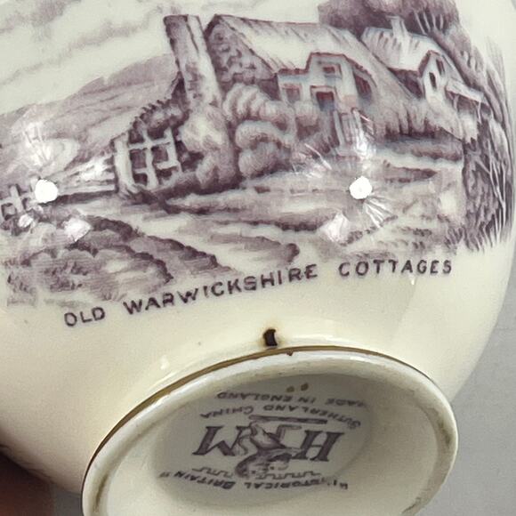 Sutherland China Tea Bowl Historical Britain Warwickshire Purple Gold Rim 1950s - Picture 8 of 13